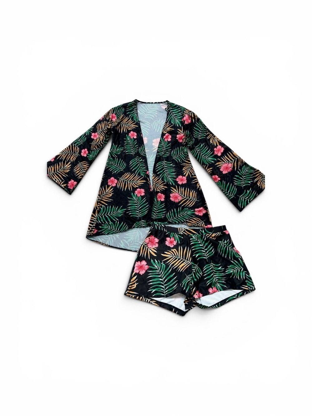 SHEIN Black Tropical Floral Swim Coverup Set with Green & Pink